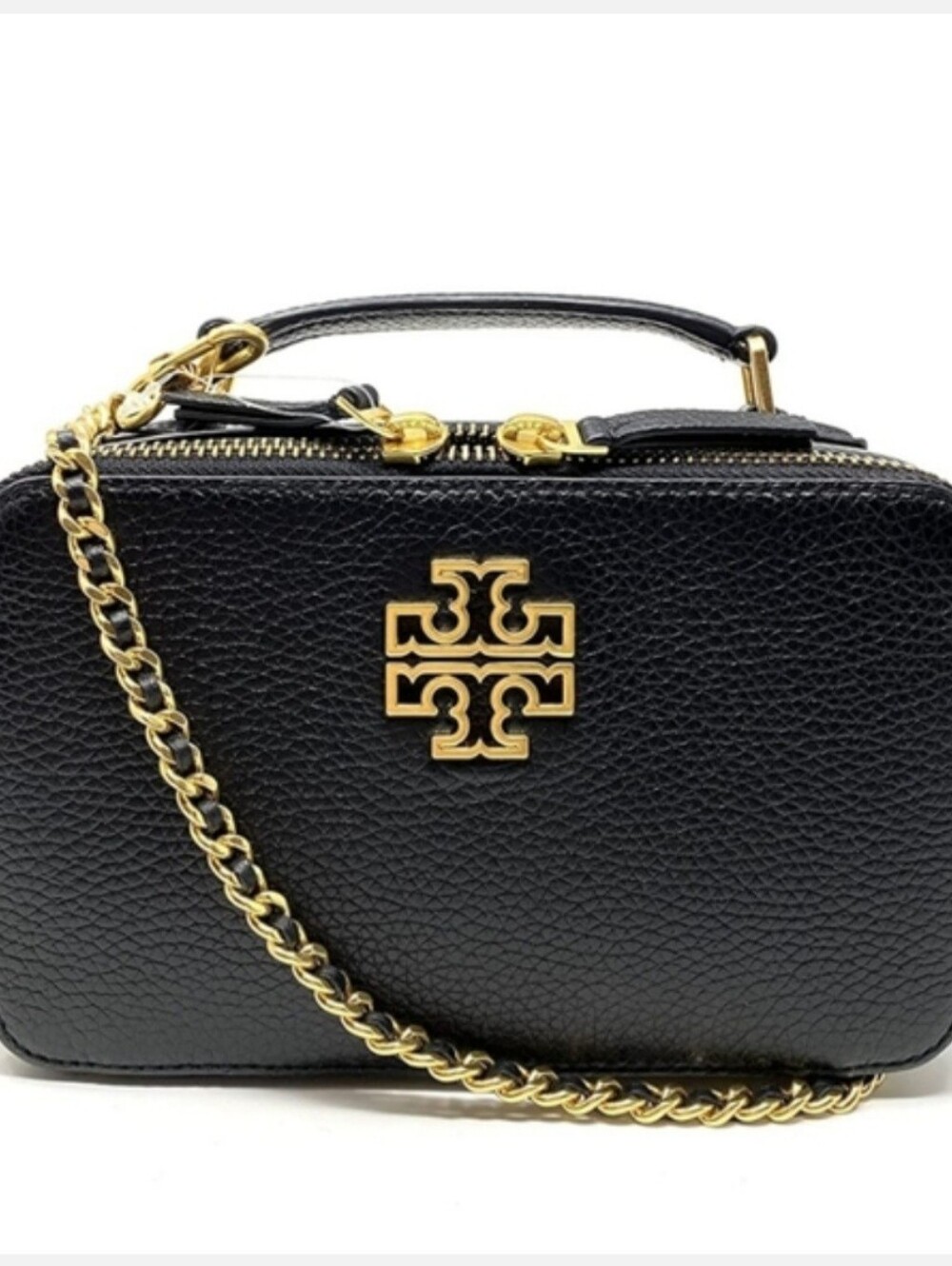 Tory Burch Black Leather Logo Camera Crossbody with Gold Hardware